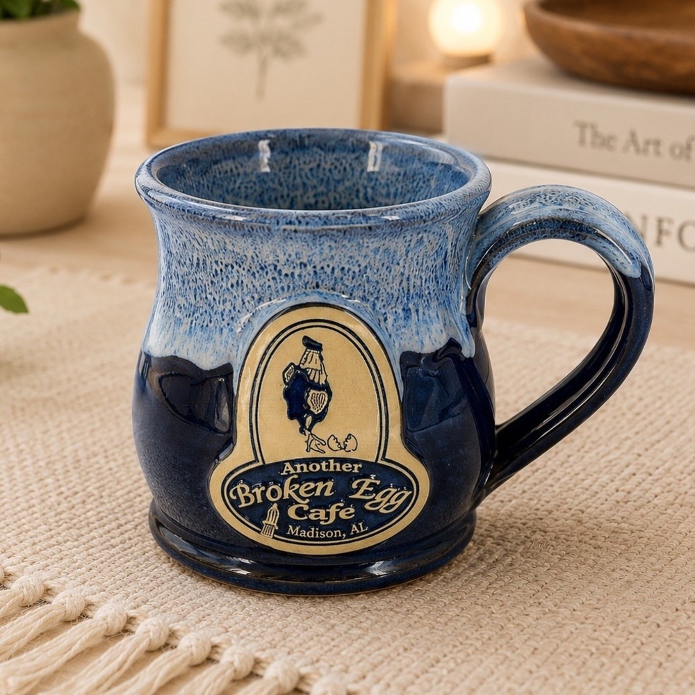 Deneen Pottery Another Broken Egg Cafe Madison AL Blue Stoneware Mug USA 2015